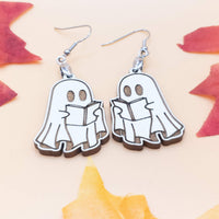 Ghost Reading Book Dangle Earrings - Cute Novelty Halloween Jewelry, Fun Spooky Gifts, Literary-Themed Accessories, Quirky Statement Earring