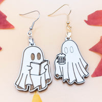 Ghost Reading Book Dangle Earrings - Cute Novelty Halloween Jewelry, Fun Spooky Gifts, Literary-Themed Accessories, Quirky Statement Earring