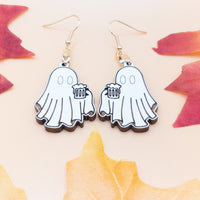 Handmade Wood Ghost Drinking Beer Dangle Earrings - Novelty Halloween Jewelry, Quirky Spooky Accessories, Unique Party Gift for Beer Lovers