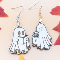 Handmade Wood Ghost Drinking Beer Dangle Earrings - Novelty Halloween Jewelry, Quirky Spooky Accessories, Unique Party Gift for Beer Lovers