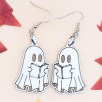 Ghost Reading Book Dangle Earrings - Cute Novelty Halloween Jewelry, Fun Spooky Gifts, Literary-Themed Accessories, Quirky Statement Earring