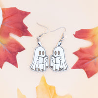 Ghost Reading Book Dangle Earrings - Cute Novelty Halloween Jewelry, Fun Spooky Gifts, Literary-Themed Accessories, Quirky Statement Earring