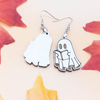 Ghost Reading Book Dangle Earrings - Cute Novelty Halloween Jewelry, Fun Spooky Gifts, Literary-Themed Accessories, Quirky Statement Earring