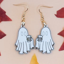 Handmade Wood Ghost Drinking Beer Dangle Earrings - Novelty Halloween Jewelry, Quirky Spooky Accessories, Unique Party Gift for Beer Lovers