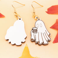 Handmade Wood Ghost Drinking Beer Dangle Earrings - Novelty Halloween Jewelry, Quirky Spooky Accessories, Unique Party Gift for Beer Lovers