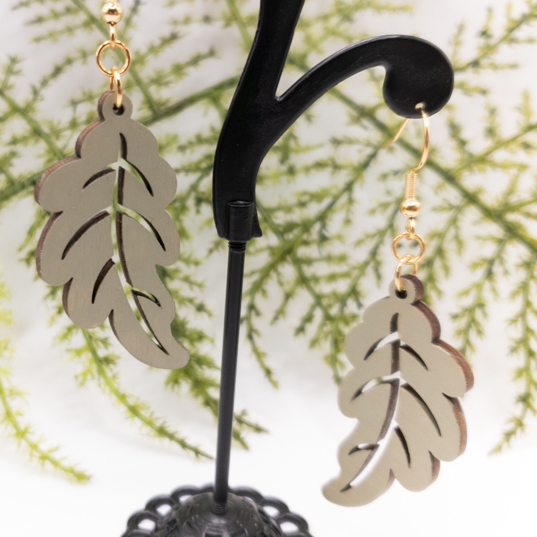 Wooden Leaf Earrings with Stainless Steel Fish Hooks Laser Cut Wood Drop Dangle Earrings for The Nature Lover in Stonewedge Green Silver Hardware